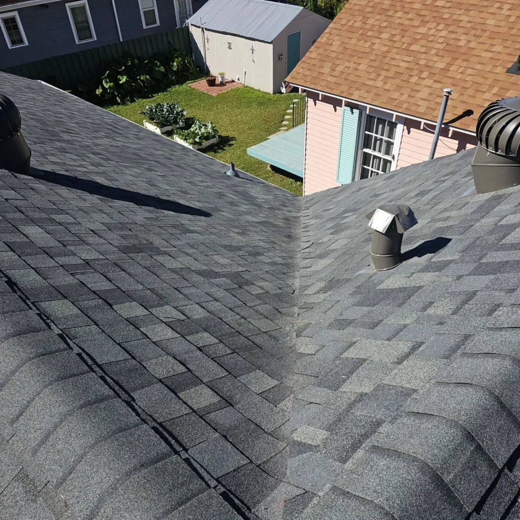Fortified roof replacement with Owens Corning Estate Gray architectural shingles on Kenner home, showing hip valley, pipe boots, and turbine vents.